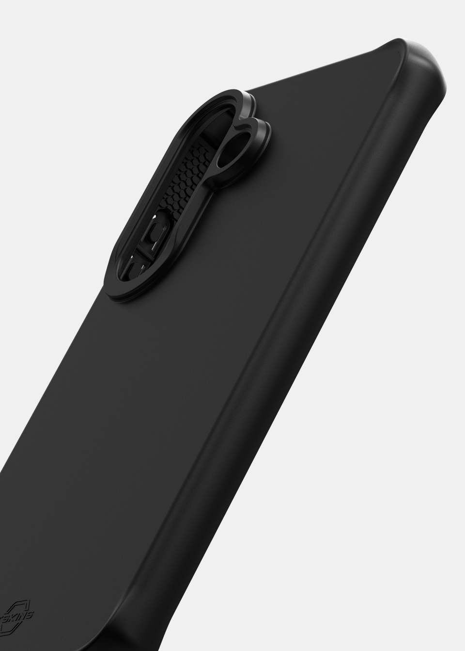Black ITSKINS SPECTRUM R BOLD case for Samsung Galaxy S26 FE, angled view showing the matte finish and camera surround