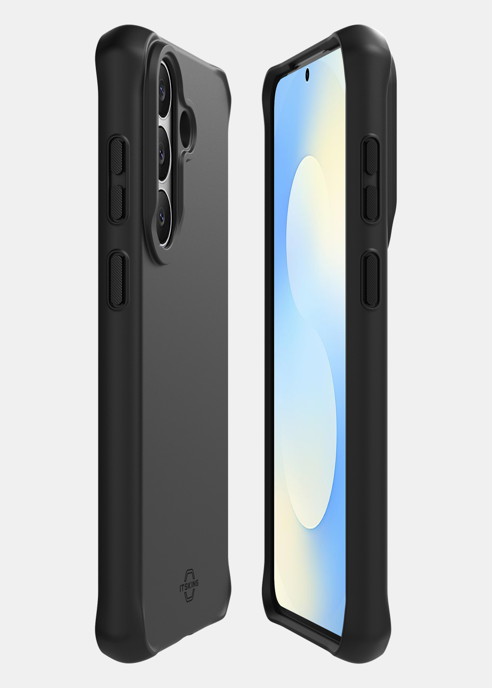 Front and back of a Galaxy S26 FE in the black ITSKINS SPECTRUM R BOLD case, showing the raised edges around the screen