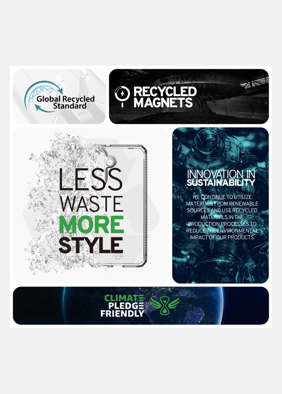 ITSKINS sustainability credentials: Global Recycled Standard certified, recycled magnets, less waste more style, and Climate Pledge Friendly