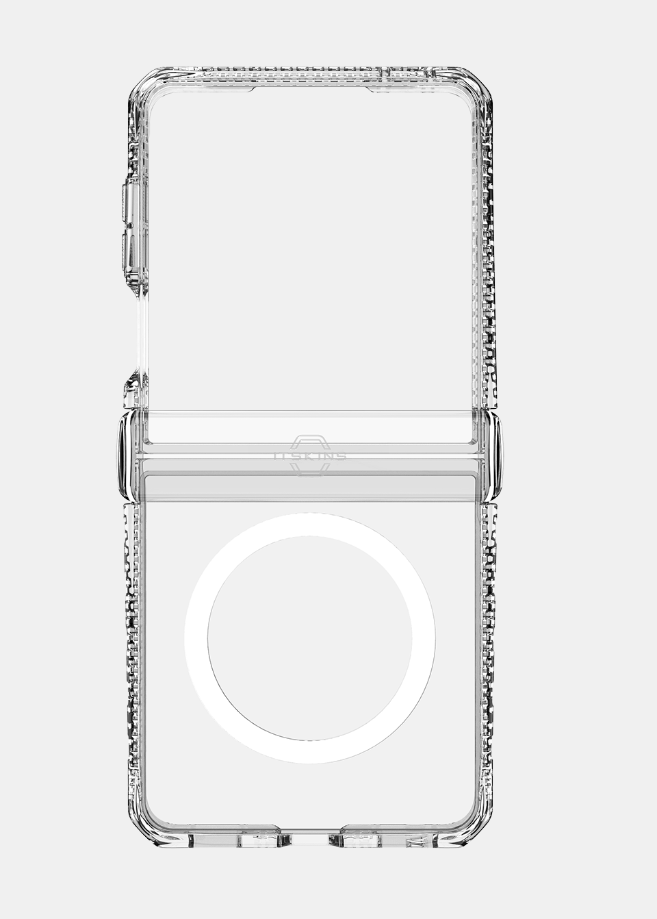 Front view of the open ITSKINS clear hinge case for Samsung Galaxy Z Flip 8 showing the hinge bar and magnetic ring