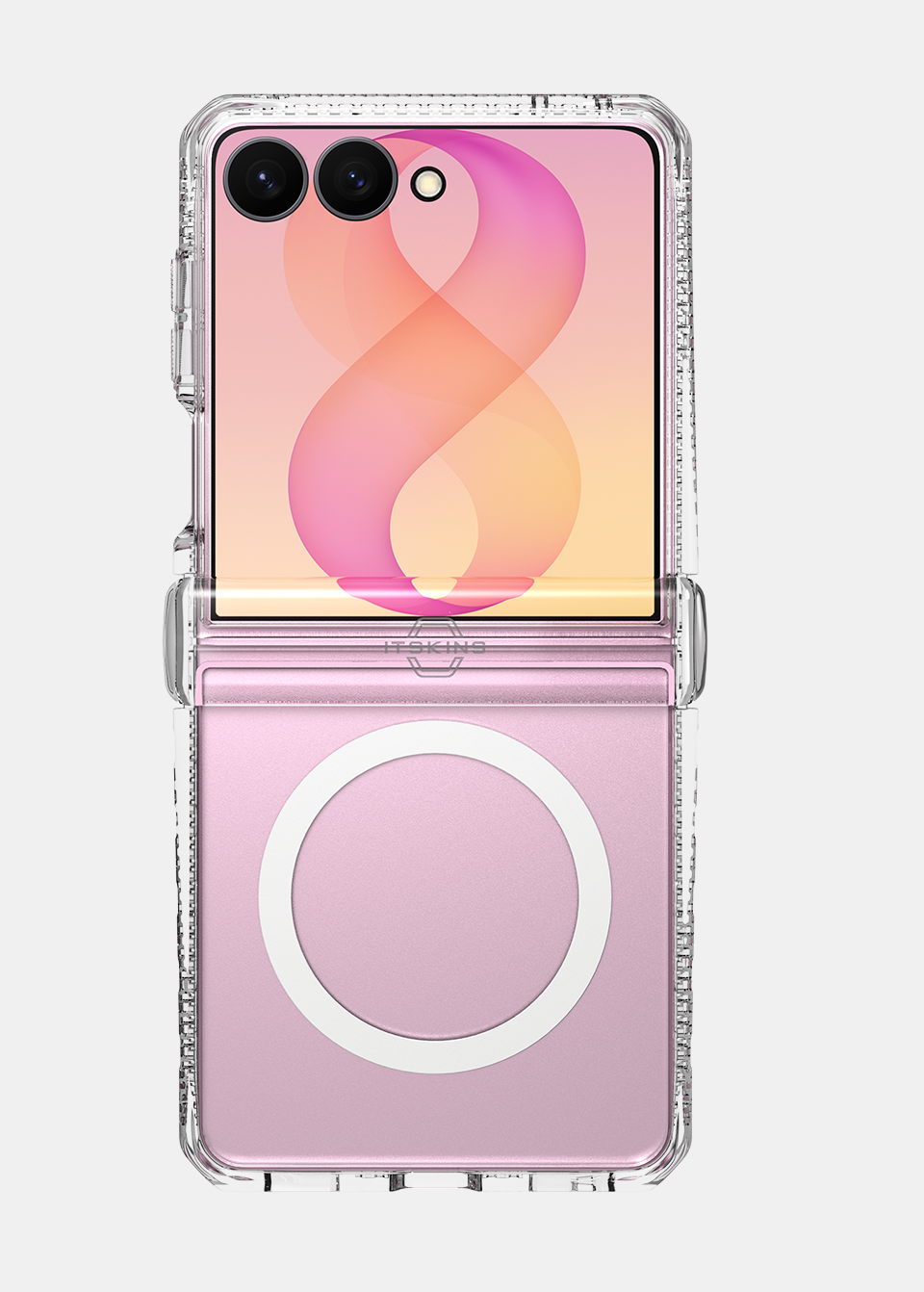 Pink Samsung Galaxy Z Flip 8 open in the clear ITSKINS case with cover screen, cameras and magnetic ring