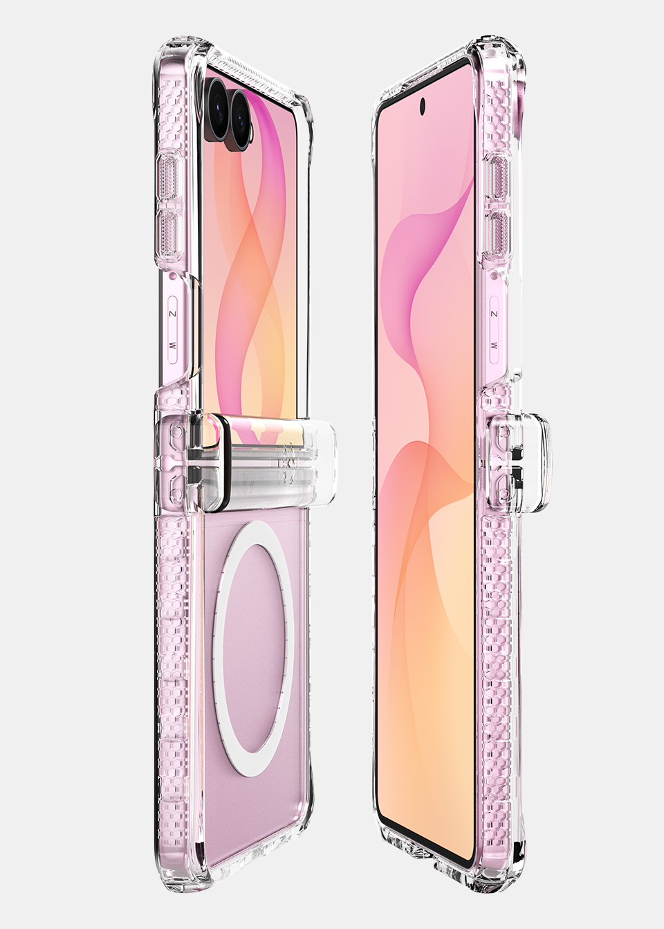 Two pink Samsung Galaxy Z Flip 8 handsets in clear ITSKINS cases shown open from the front