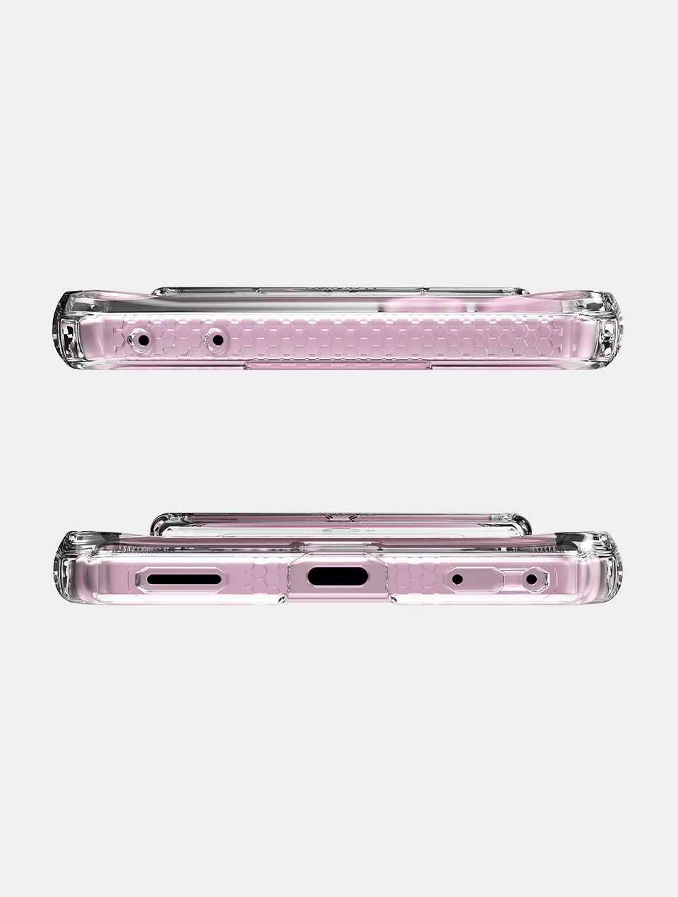 Top and bottom edges of the Samsung Galaxy Z Flip 8 clear case showing the port and button cutouts