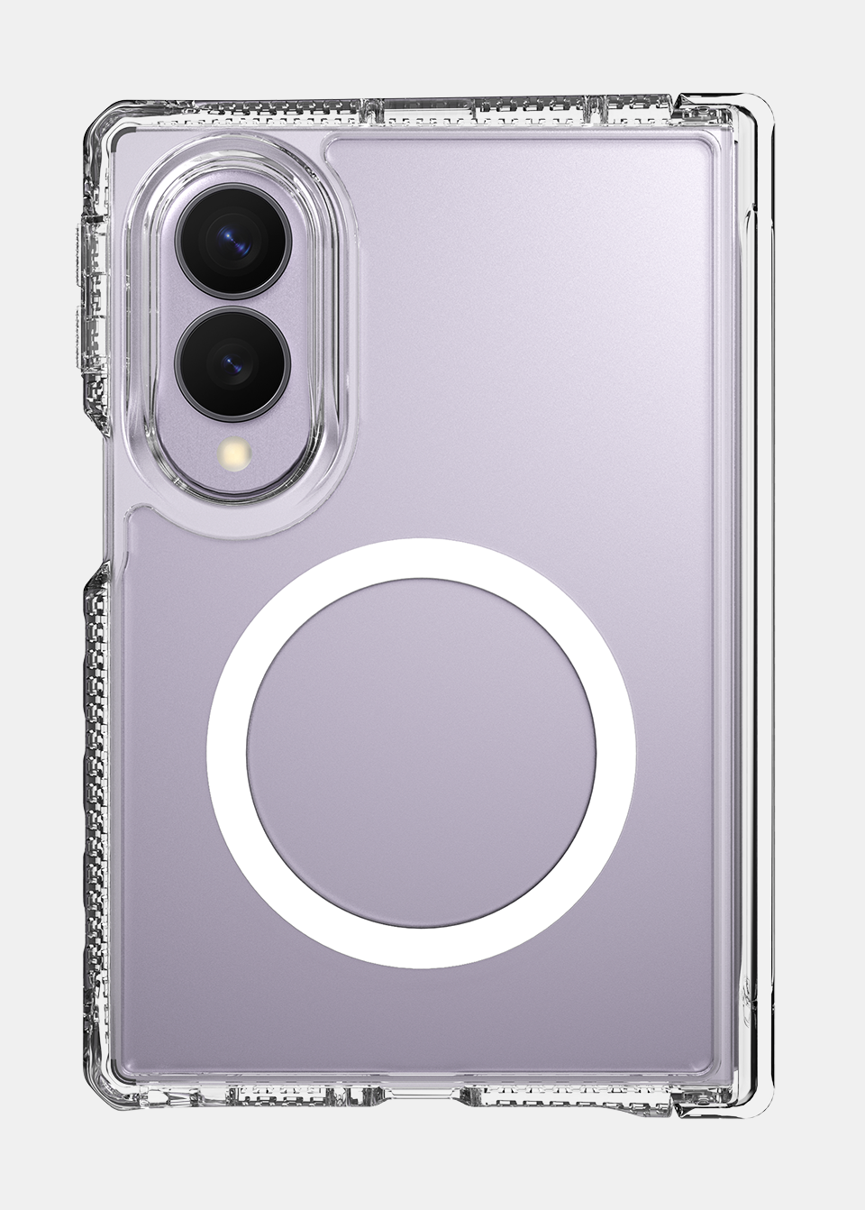 Back of a lilac Samsung Galaxy Z Fold 8 in the clear ITSKINS case with camera cutout and magnetic ring