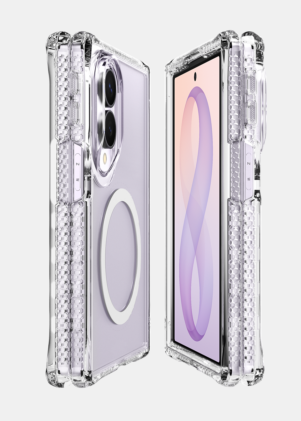 Samsung Galaxy Z Fold 8 in a clear ITSKINS case shown from the back and from the cover screen side by side