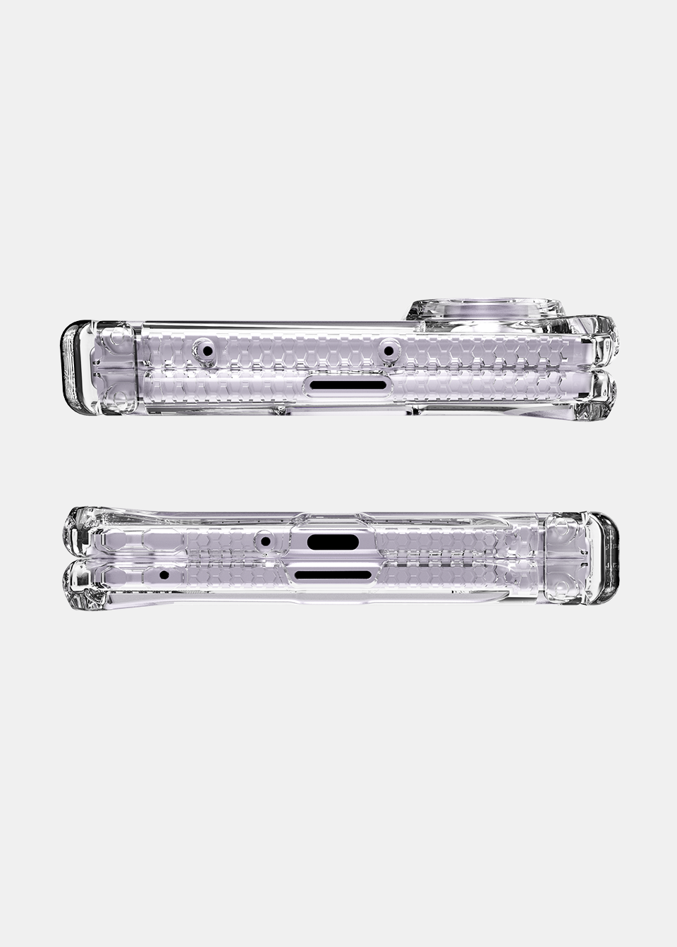 Top and bottom edges of the Samsung Galaxy Z Fold 8 clear case showing the port and button cutouts