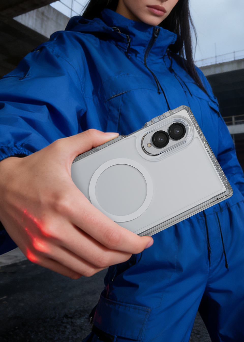 Hand holding a Samsung Galaxy Z Fold 8 in a clear ITSKINS case with the rear cameras and magnetic ring visible