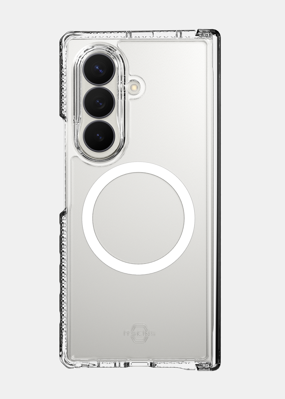Back of the clear ITSKINS case on a Samsung Galaxy Z Fold 8 Ultra with triple camera cutout and magnetic ring