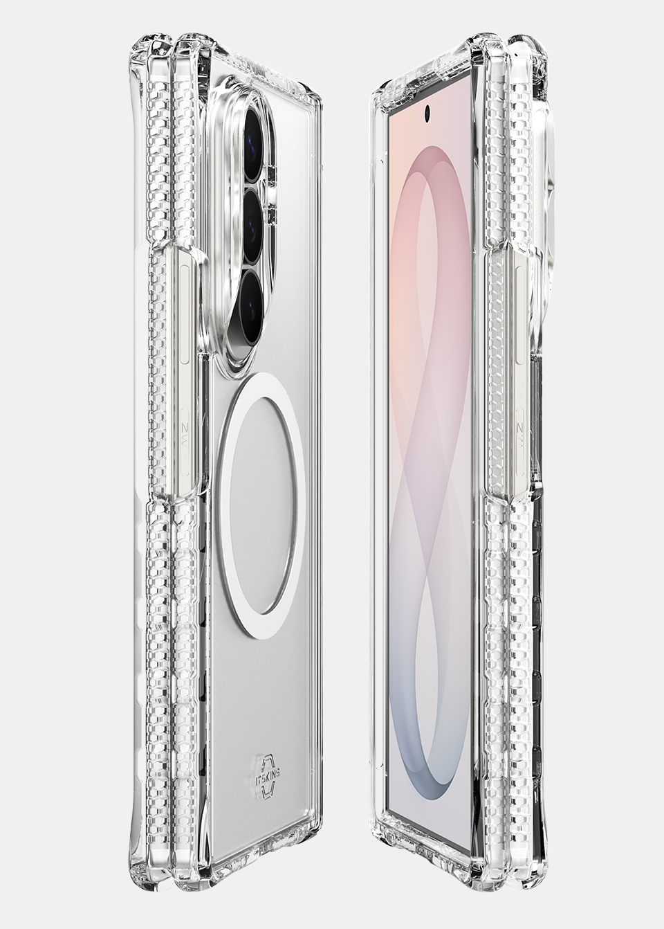 Samsung Galaxy Z Fold 8 Ultra in a clear ITSKINS case shown from the back and from the cover screen side by side