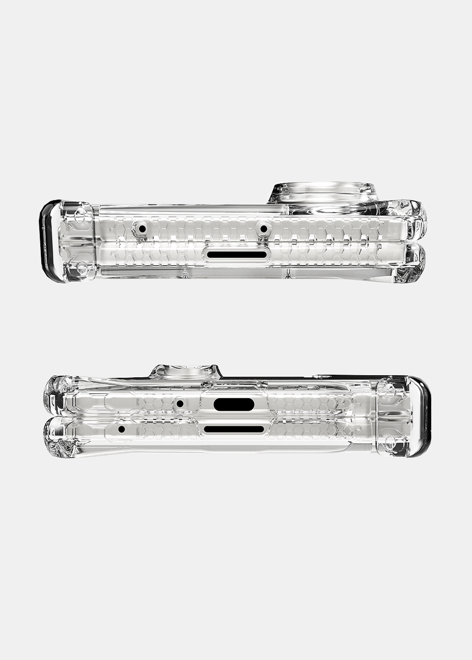 Top and bottom edges of the Samsung Galaxy Z Fold 8 Ultra clear case showing the port and button cutouts