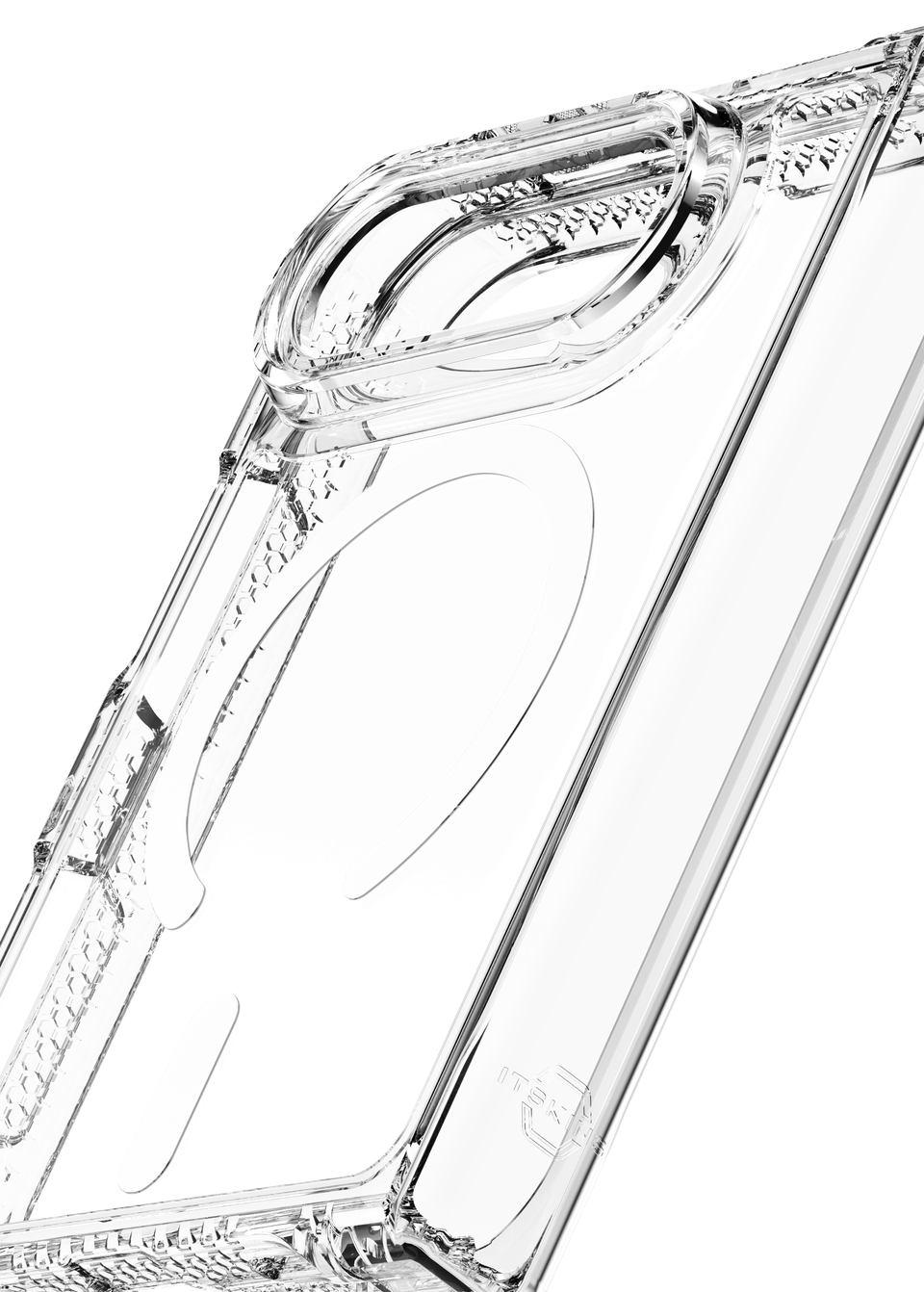 ITSKINS HYBRID R Clear Hinge case for the Apple iPhone Ultra Fold, close up of the transparent corner and MagSafe ring