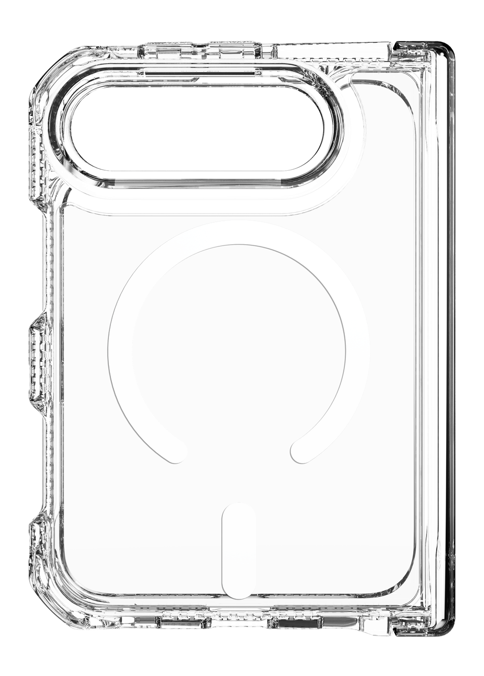Clear ITSKINS iPhone Ultra Fold case, rear view showing the camera cutout and MagSafe ring