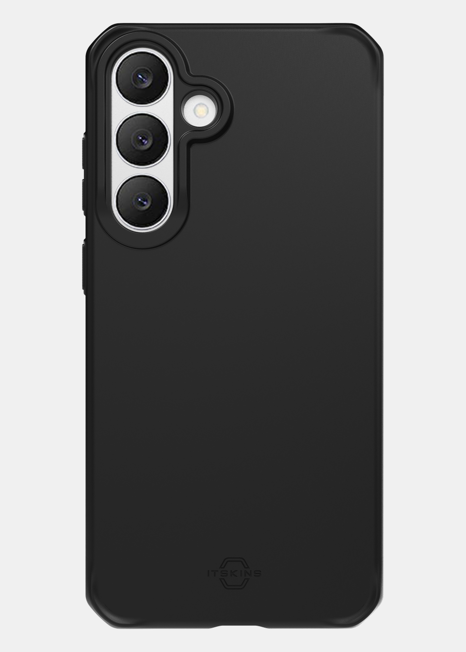 Samsung Galaxy S26 FE fitted in the black ITSKINS SPECTRUM R BOLD case, rear view with the triple camera exposed