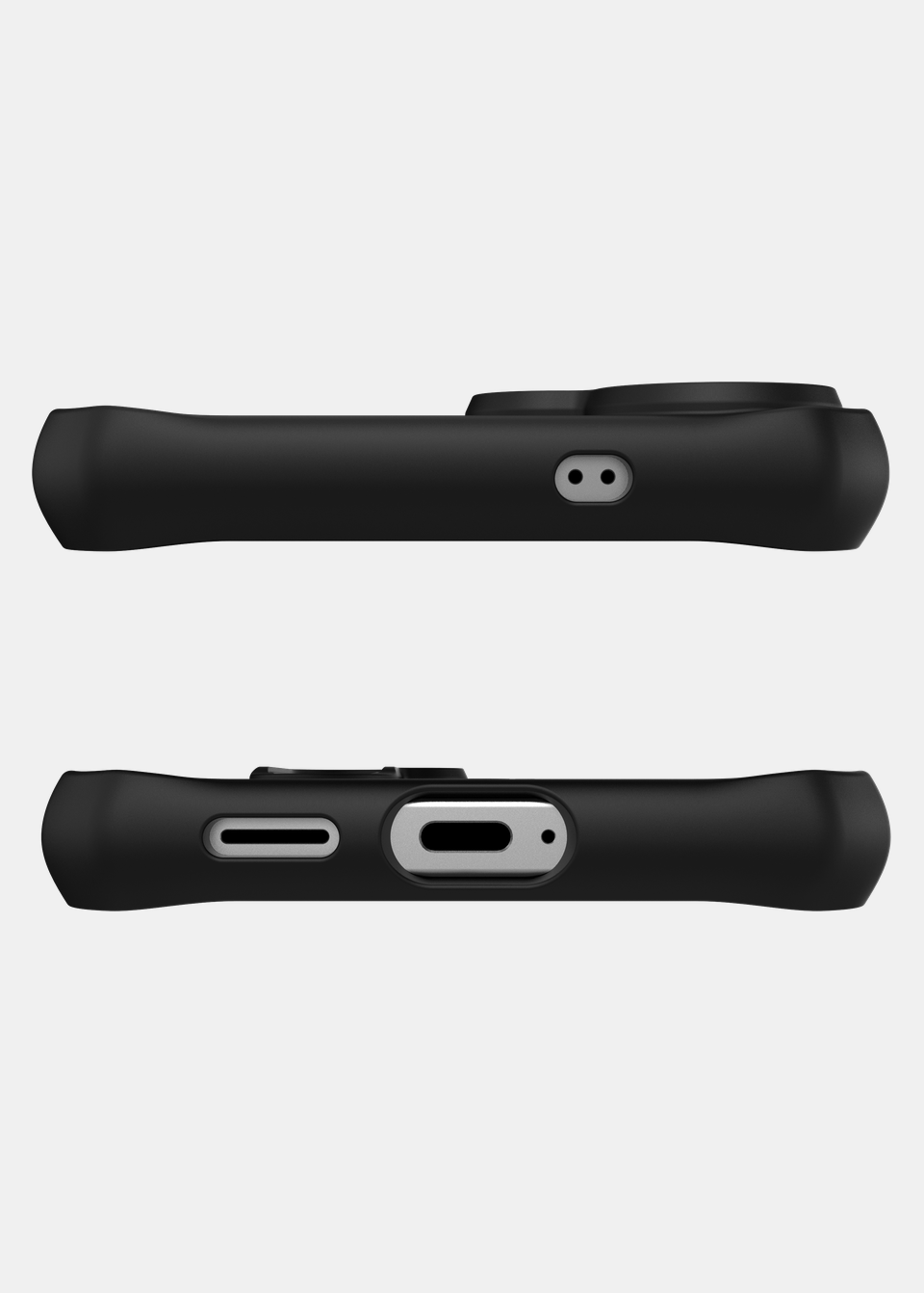 Top and bottom edges of the black SPECTRUM R BOLD case for Galaxy S26 FE, showing the charging port and speaker cut-outs