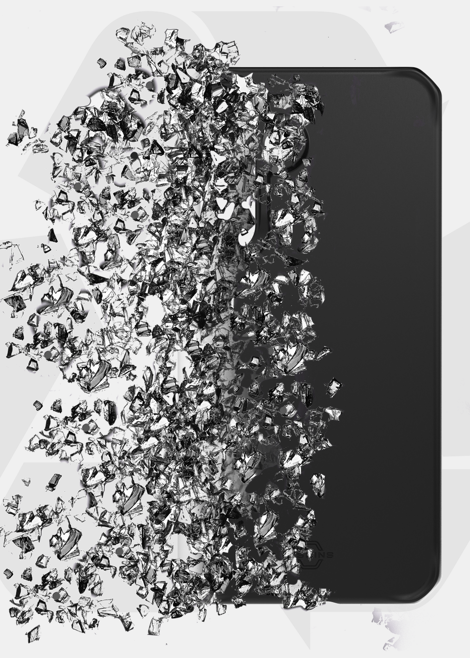Black ITSKINS SPECTRUM R BOLD case for Galaxy S26 FE dissolving into fragments, made from 100 percent recycled materials