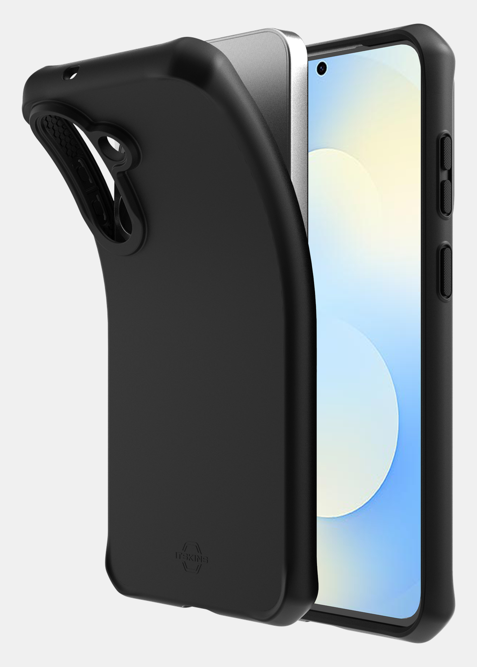 Black ITSKINS SPECTRUM R BOLD case flexing away from a Galaxy S26 FE, showing the flexible one-material construction
