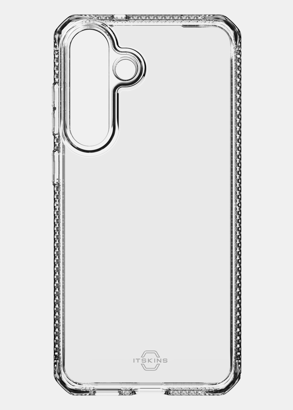 Back of the clear ITSKINS SPECTRUM R case for Galaxy S26 FE, showing the camera cut-out and fully transparent finish
