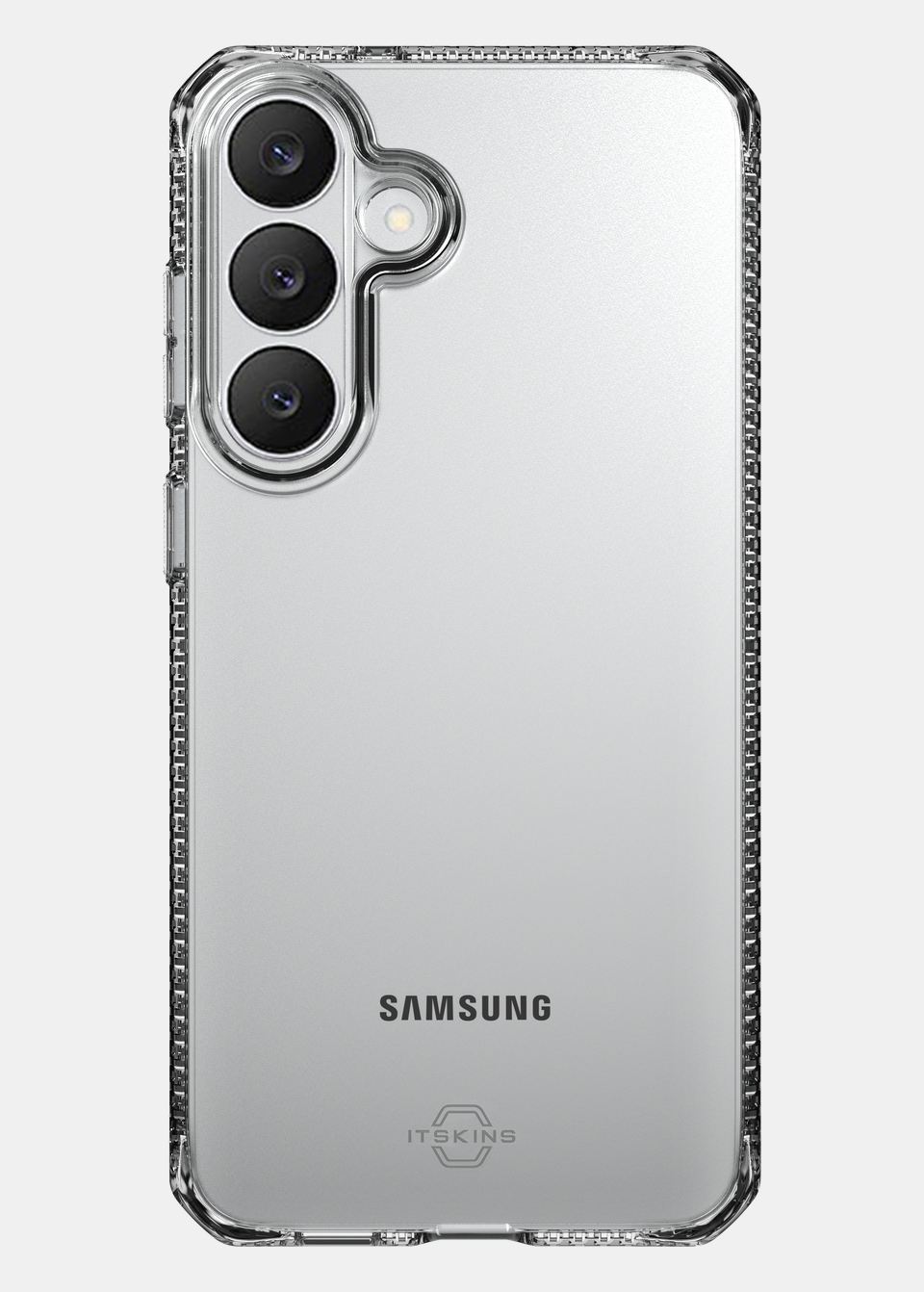 Samsung Galaxy S26 FE in the clear ITSKINS SPECTRUM R case, rear view with the Samsung branding visible through the clear back
