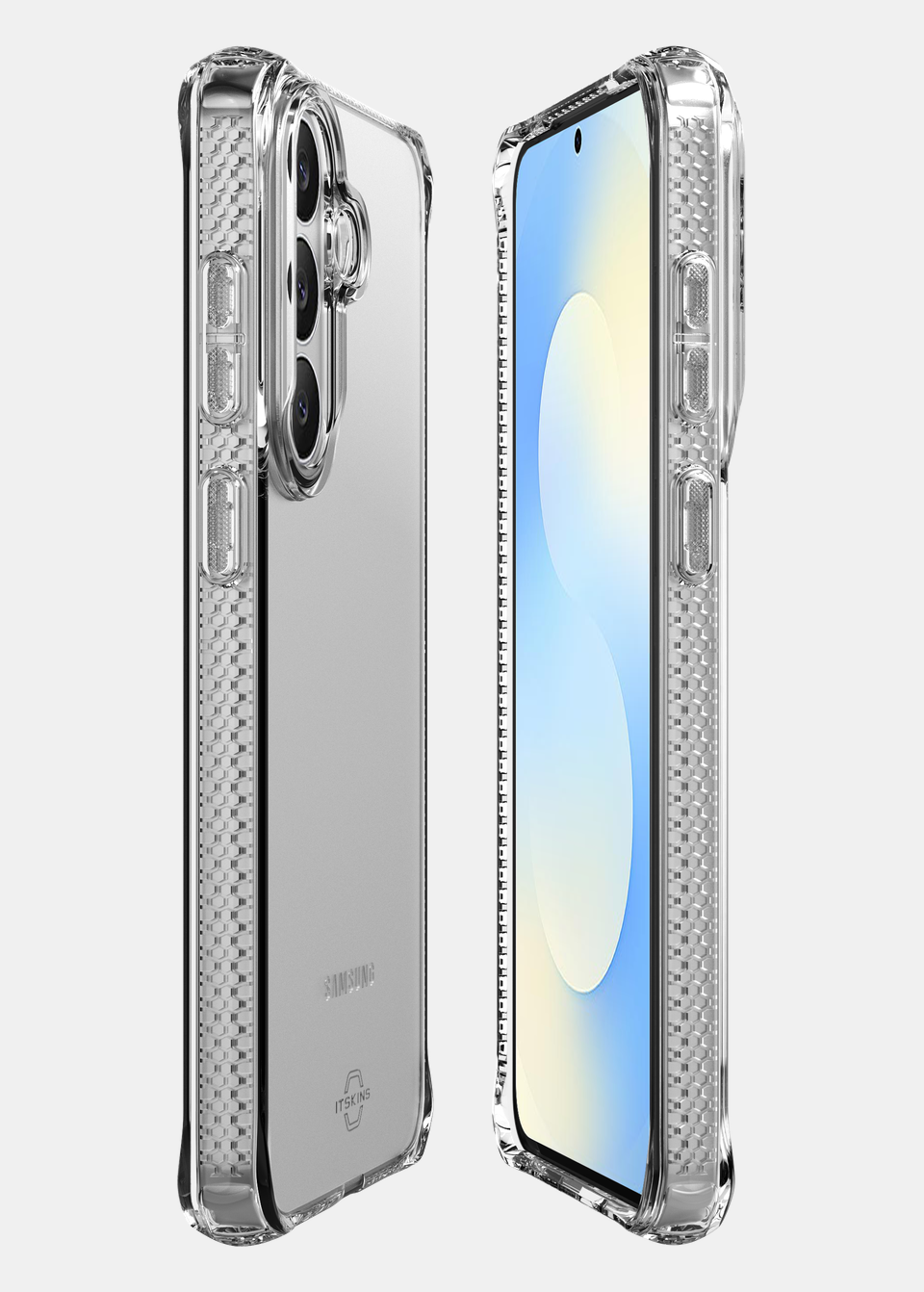 Front and back of a Galaxy S26 FE in the clear ITSKINS SPECTRUM R case, showing the raised edges around the screen and camera