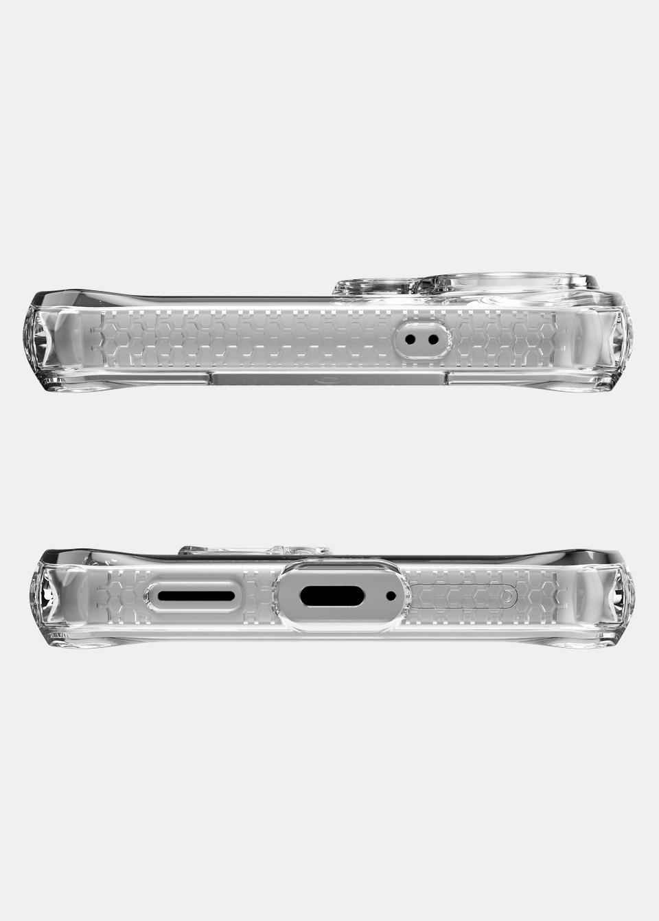 Top and bottom edges of the clear SPECTRUM R case for Galaxy S26 FE, showing the charging port and speaker cut-outs