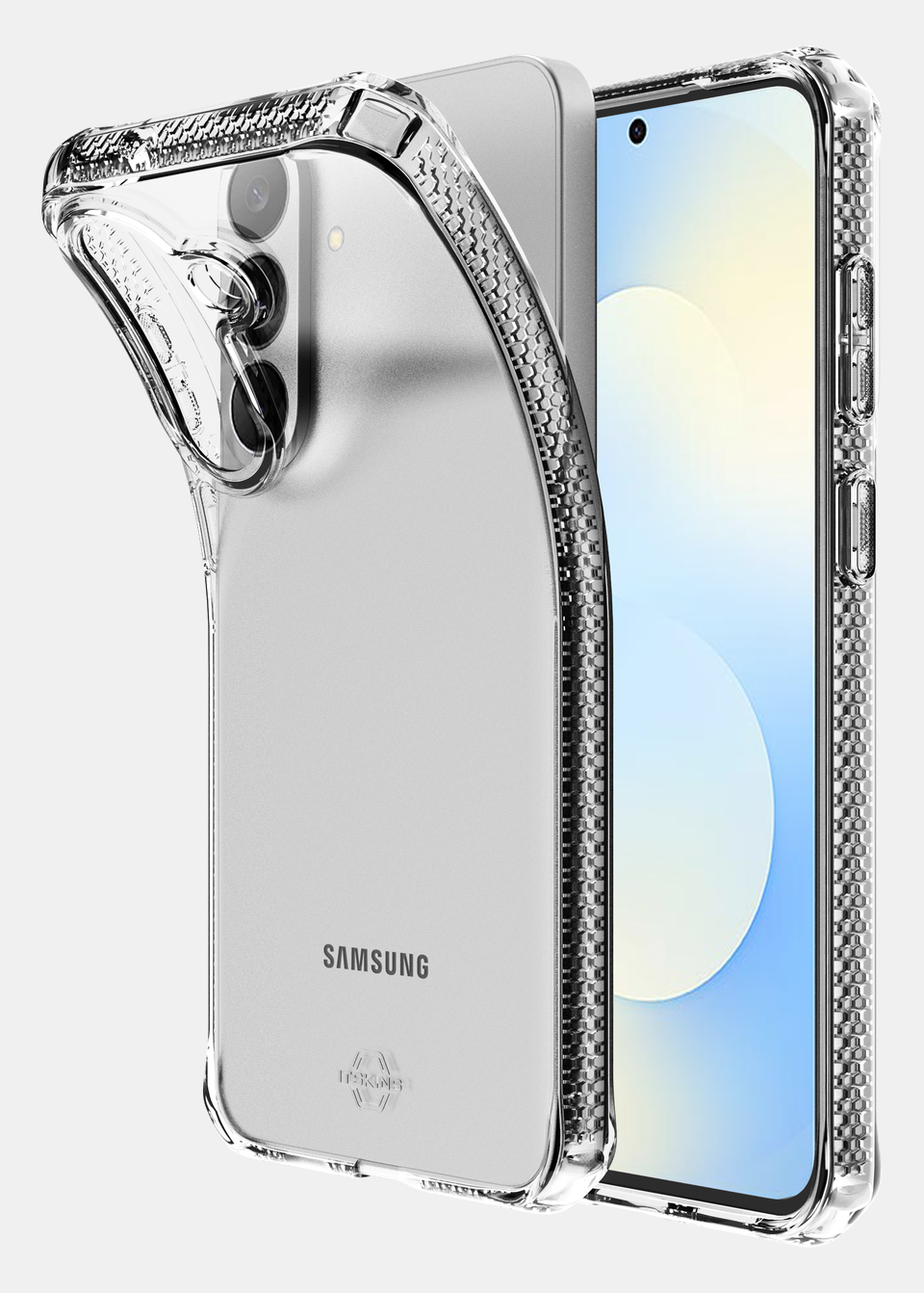 Clear ITSKINS SPECTRUM R case flexing away from a Galaxy S26 FE, showing the flexible transparent construction